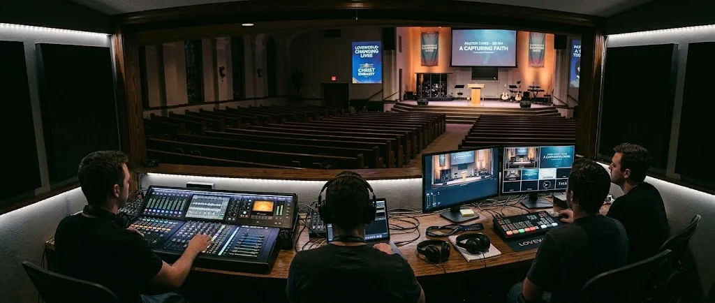 A church media team of three at the sound desk, switcher and monitors in the booth, looking out over the auditorium.