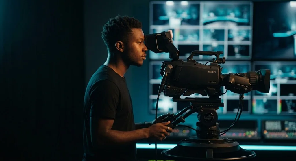 A camera operator looking through the viewfinder of a studio camera on a pedestal, monitors glowing behind.