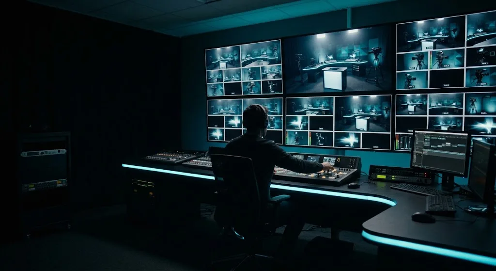 An operator at a vision mixer in a dark control room, facing a wall of multiviewer screens showing studio camera feeds.