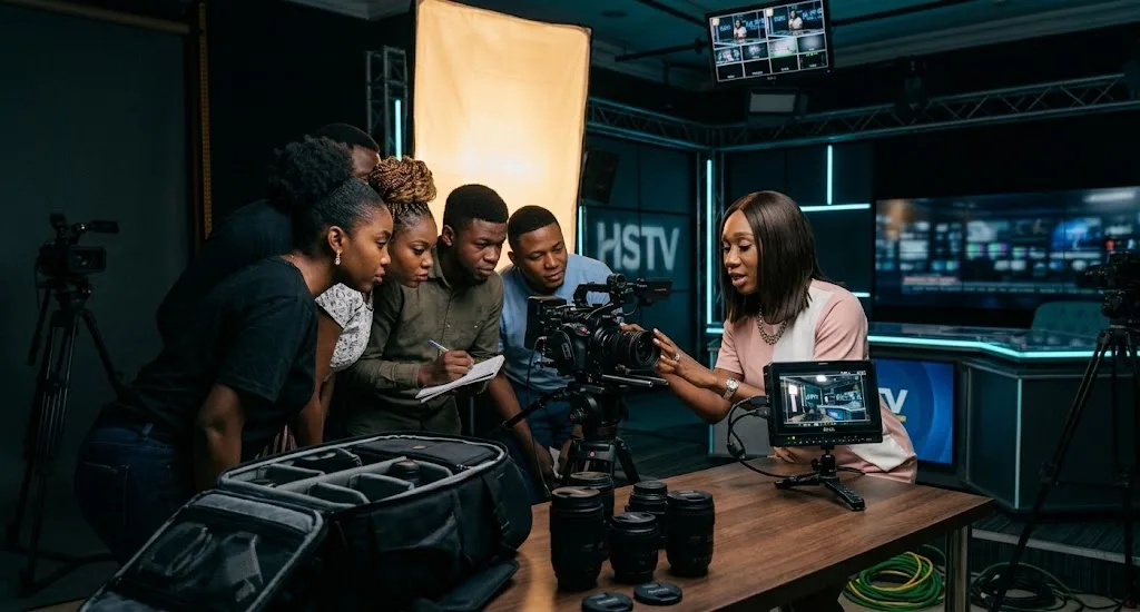 An instructor demonstrating a studio camera to a small group of trainees.