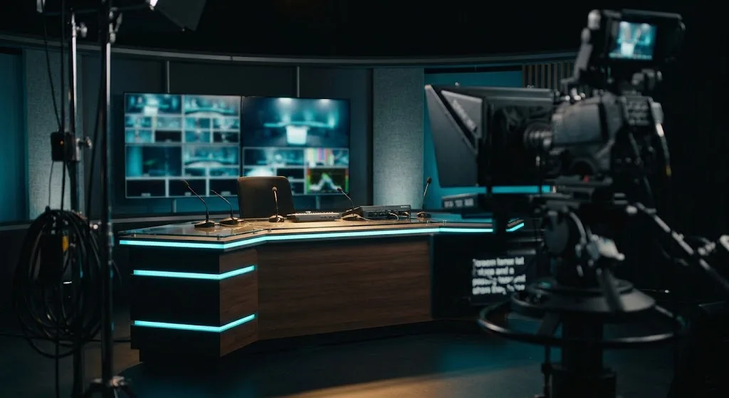 An empty news desk with gooseneck microphones under studio lights, a teleprompter camera in the foreground.
