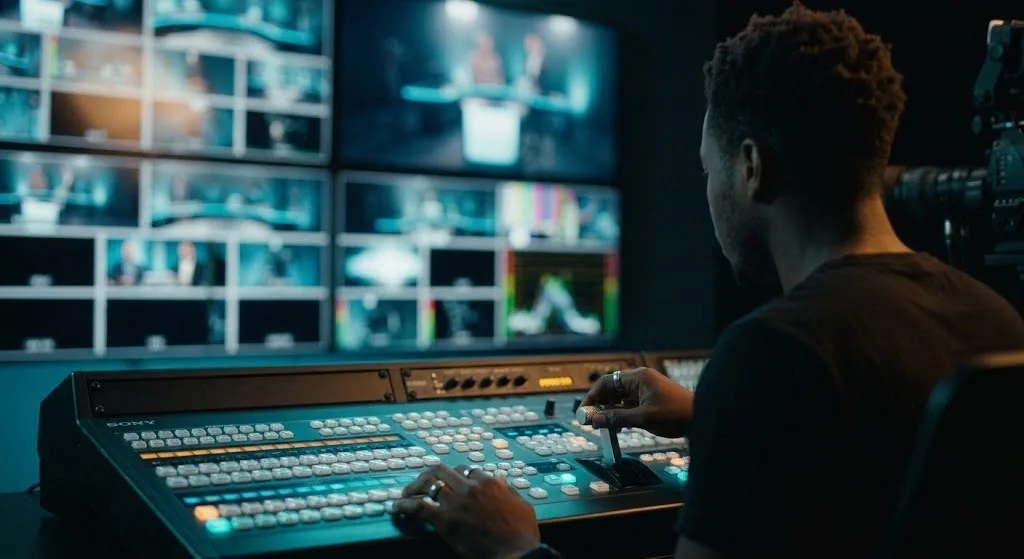 A trainee at a broadcast vision mixer, hand on the T-bar, with a multiviewer wall of camera feeds ahead.